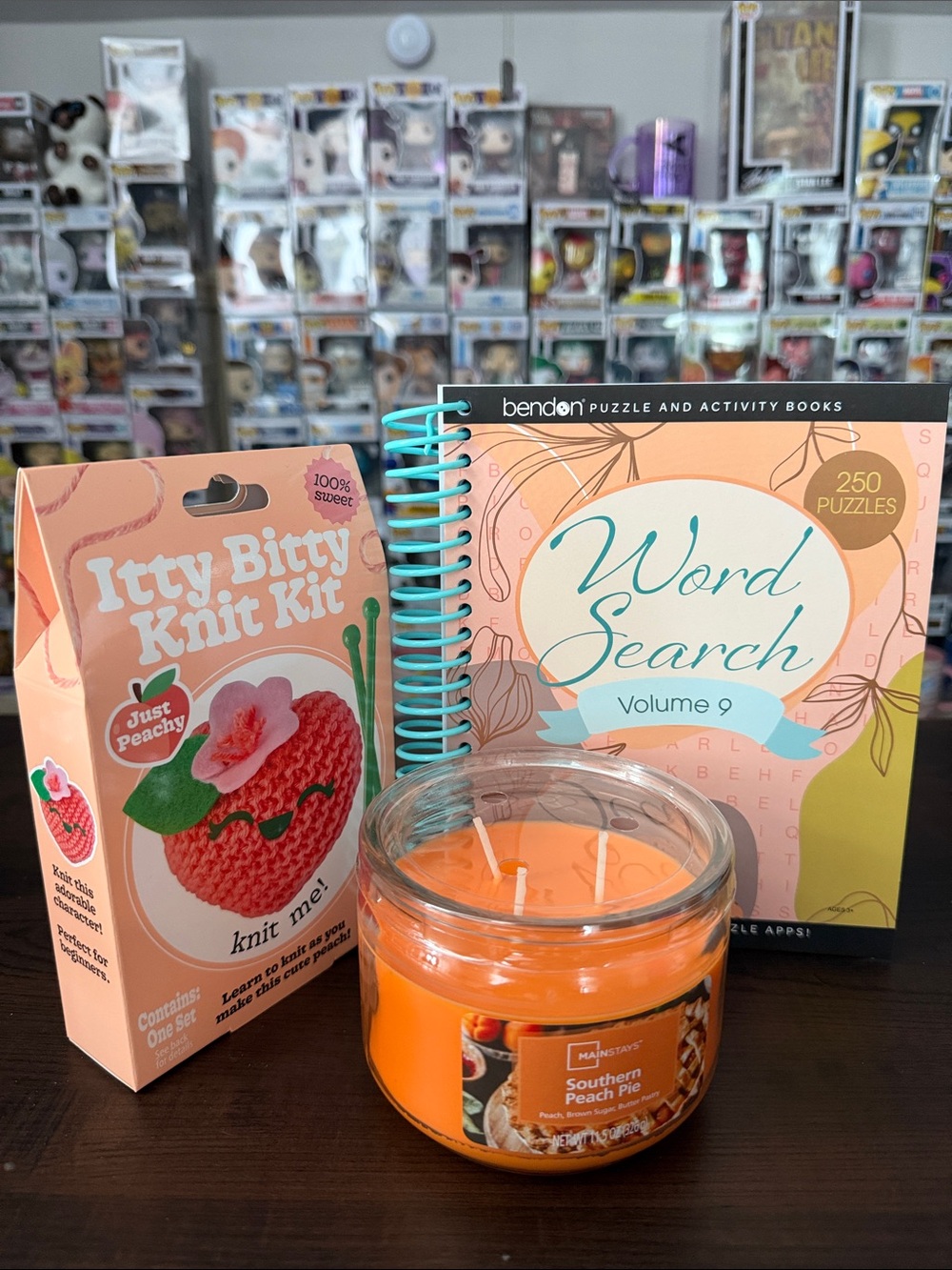 Itty Bitty Knit Kit Peach + Word Search Book + Southern Peach Pie Candle Bundle